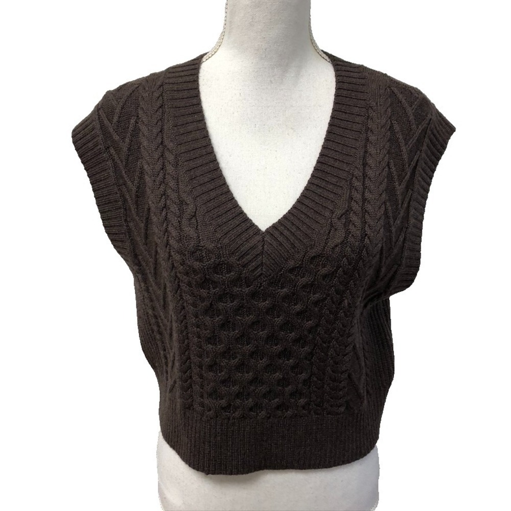 Babaton Wool Sweater Vest Womens XS Brown Cable Knit V Neck Crop Preppy Academia